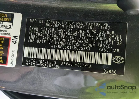 2010 Toyota Camry Le z USA, uszkodzony, nr VIN 4T4BF3EK4AR065853